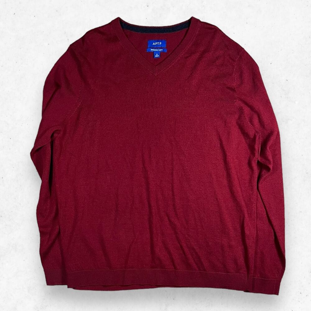APT.9 Seriously Soft V Neck Sweater Men's XL Red Merino Wool Blend‎
